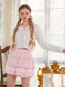 ROMWE Kawaii Váy xòe viền ren tương phản trơn, đi học - Hồng - Xem 4