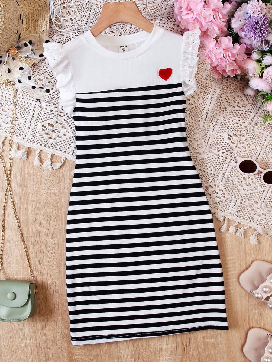 SHEIN Vintaside Kids Tween Girl Striped & Heart Print Striped Print Ruffle Trim Dress - Black and White - View 1