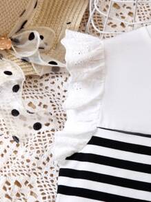 SHEIN Vintaside Kids Tween Girl Striped & Heart Print Striped Print Ruffle Trim Dress - Black and White - View 4