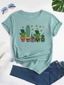 INAWLY Cactus Print Tee - Mint Green - View 1