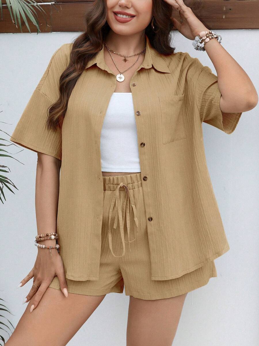SHEIN LUNE Plus Solid Button Front Shirt & Knot Front Shorts - Camel - View 1