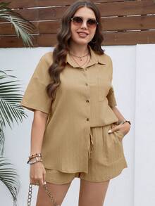 SHEIN LUNE Plus Solid Button Front Shirt & Knot Front Shorts - Camel - View 4