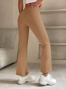 SHEIN PETITE Split Hem Flare Leg Pants - Camel - View 2