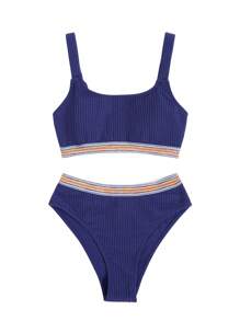 SHEIN 條紋織帶比基尼泳裝 - 藏蓝色 - 查看 1
