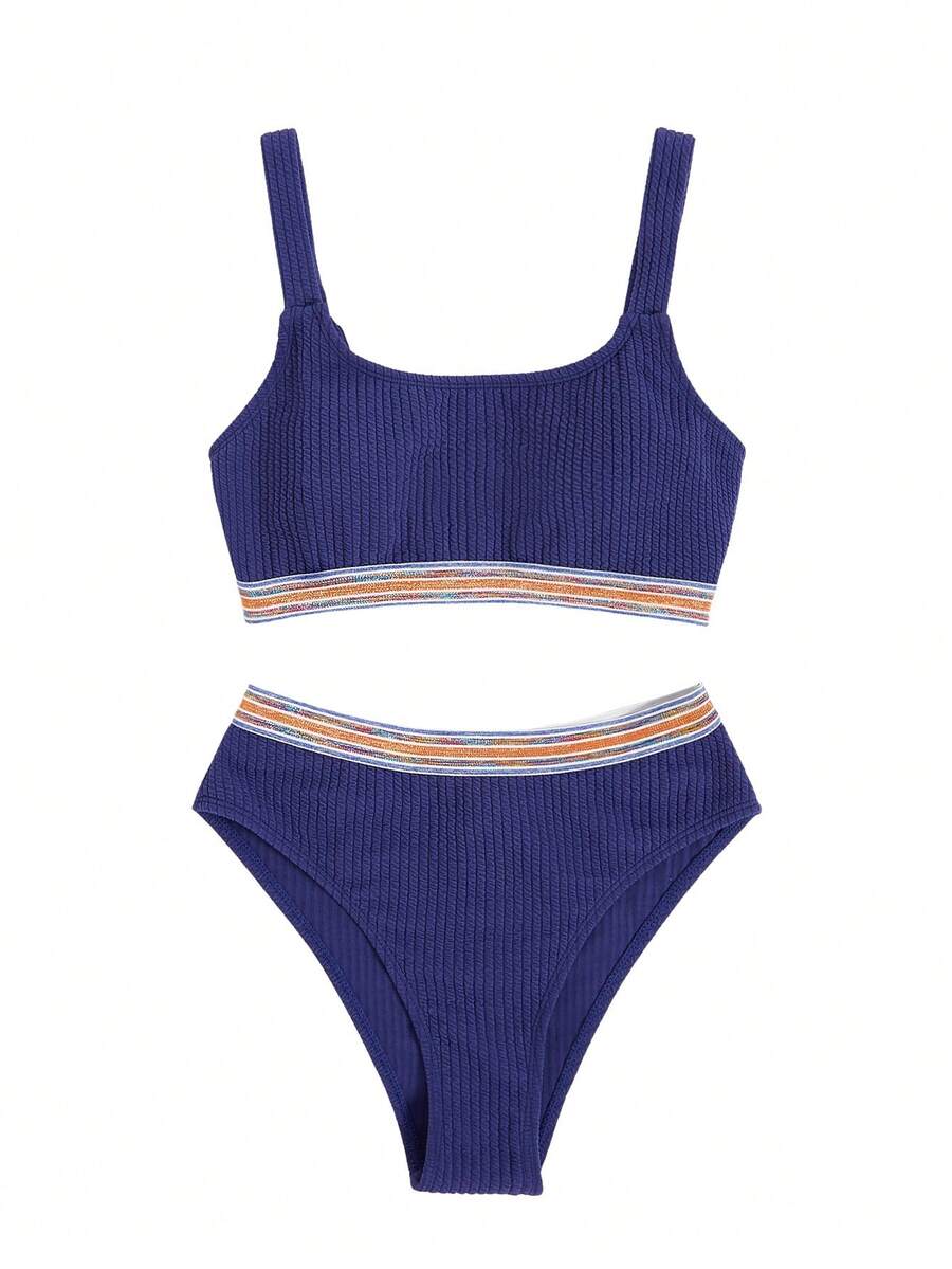 SHEIN 條紋織帶比基尼泳裝 - 藏蓝色 - 查看 1