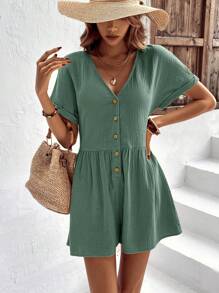 SHEIN VCAY Batwing Sleeve Button Front Romper Without Belt - Mint Green - View 1