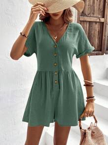 SHEIN VCAY Batwing Sleeve Button Front Romper Without Belt - Mint Green - View 4