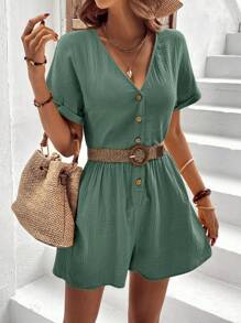 SHEIN VCAY Batwing Sleeve Button Front Romper Without Belt - Mint Green - View 6