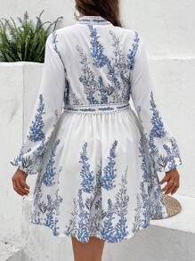 SHEIN VCAY 大碼植物圖案繫腰帶連衣裙 - 白色 - 查看 2