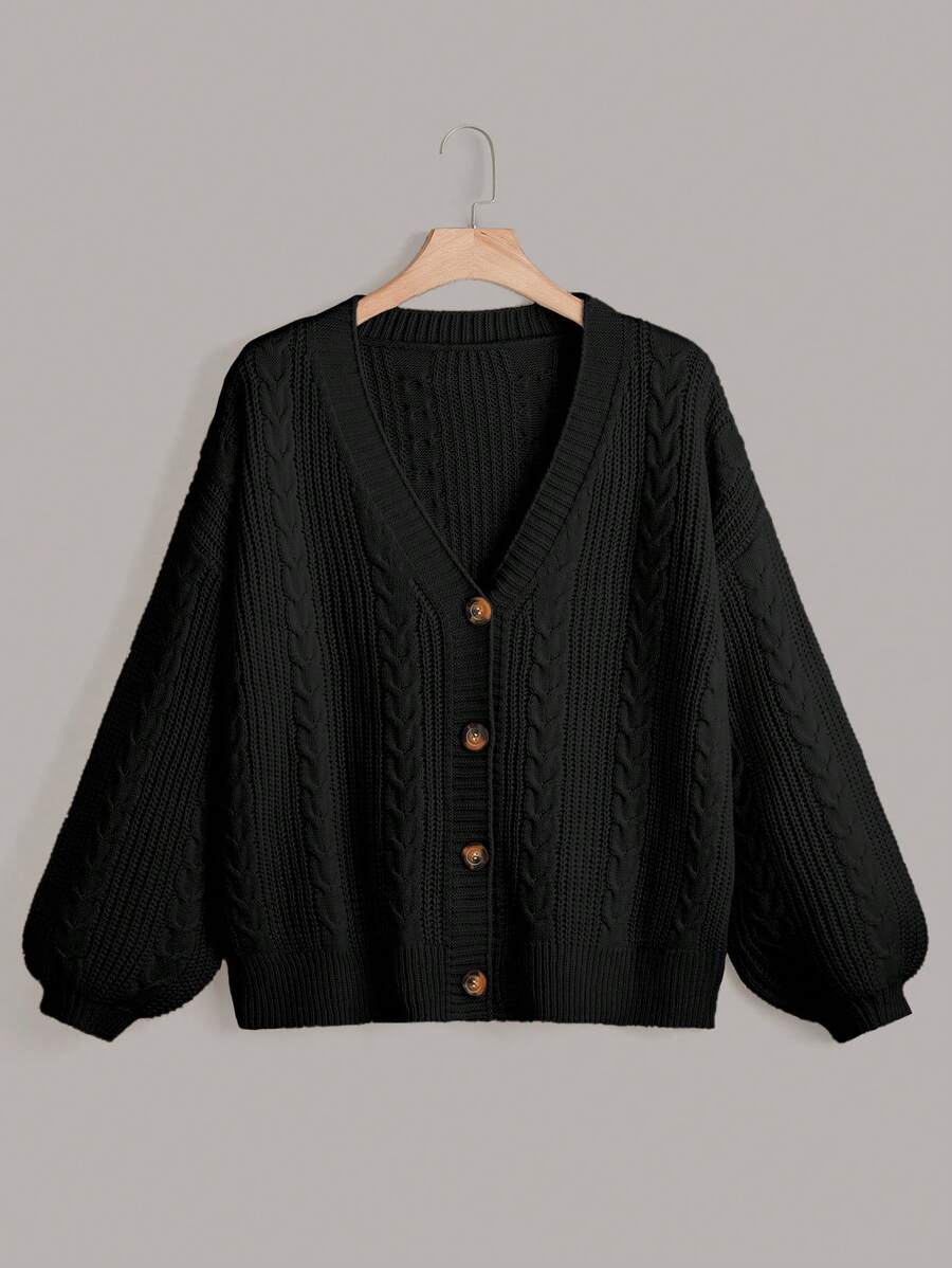 SHEIN LUNE 大码女式纯色 V 领单排扣长袖休闲通勤百搭针织开衫,秋冬 - 黑色 - 查看 1