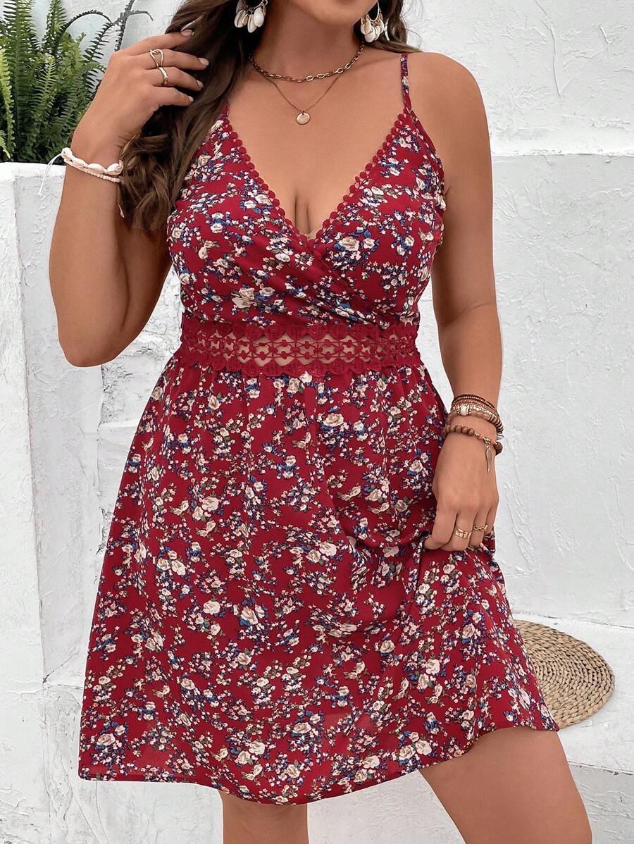 SHEIN VCAY Plus Floral Print Guipure Lace Insert Cami Dress - Red - View 1