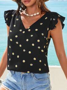 SHEIN VCAY Daisy Floral Print Ruffle Trim V Neck Blouse - Black - View 1
