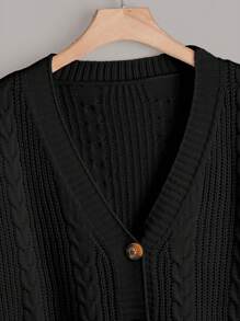 SHEIN LUNE 大码女式纯色 V 领单排扣长袖休闲通勤百搭针织开衫，秋冬 - 黑色 - 查看 3