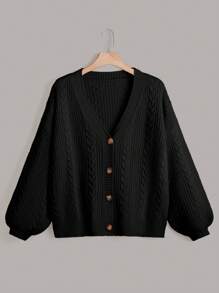 SHEIN LUNE 大码女式纯色 V 领单排扣长袖休闲通勤百搭针织开衫，秋冬 - 黑色 - 查看 4