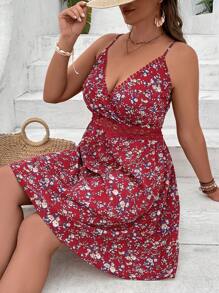 SHEIN VCAY Plus Floral Print Guipure Lace Insert Cami Dress - Red - View 3