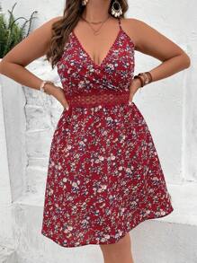SHEIN VCAY Plus Floral Print Guipure Lace Insert Cami Dress - Red - View 4
