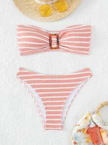 SHEIN Swim Bộ Bikini Nữ Khóa Sọc Dễ thương - Bụi hồng - Xem 1