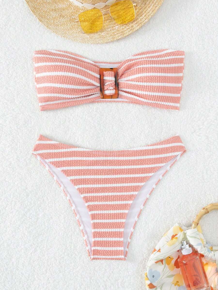 SHEIN Swim Bộ Bikini Nữ Khóa Sọc Dễ thương - Bụi hồng - Xem 1