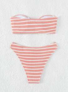 SHEIN Swim Bộ Bikini Nữ Khóa Sọc Dễ thương - Bụi hồng - Xem 2