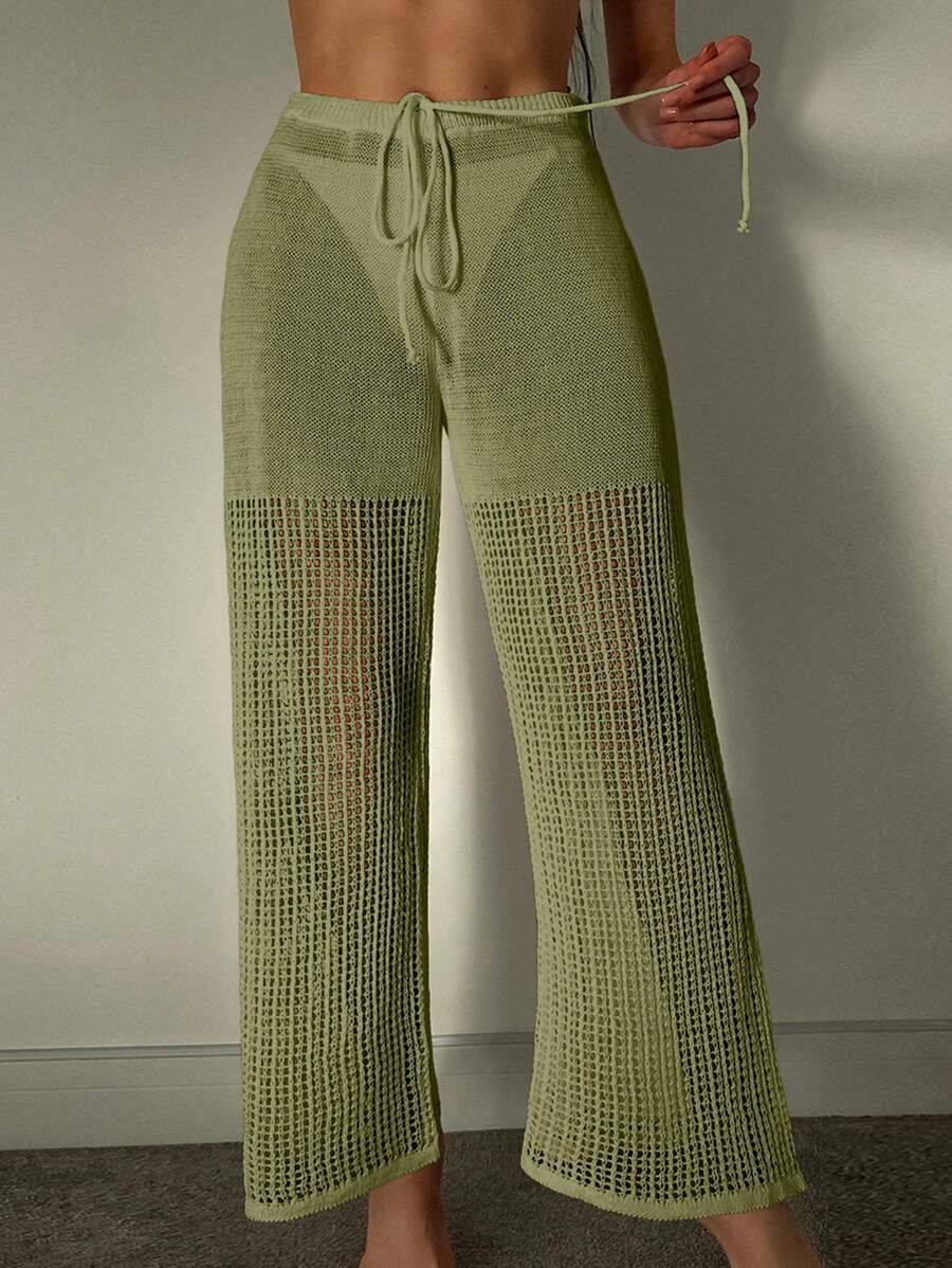 SHEIN Swim Pantalones cover up con abertura de cintura con cordón de croché - Verde militar - Ver 1