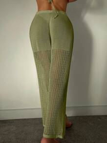 SHEIN Swim Pantalones cover up con abertura de cintura con cordón de croché - Verde militar - Ver 2