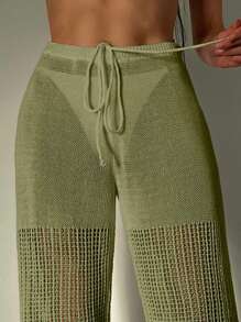 SHEIN Swim Pantalones cover up con abertura de cintura con cordón de croché - Verde militar - Ver 3