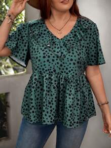 SHEIN LUNE Plus Dalmatian Print Ruffle Trim Blouse - Teal Blue - View 1