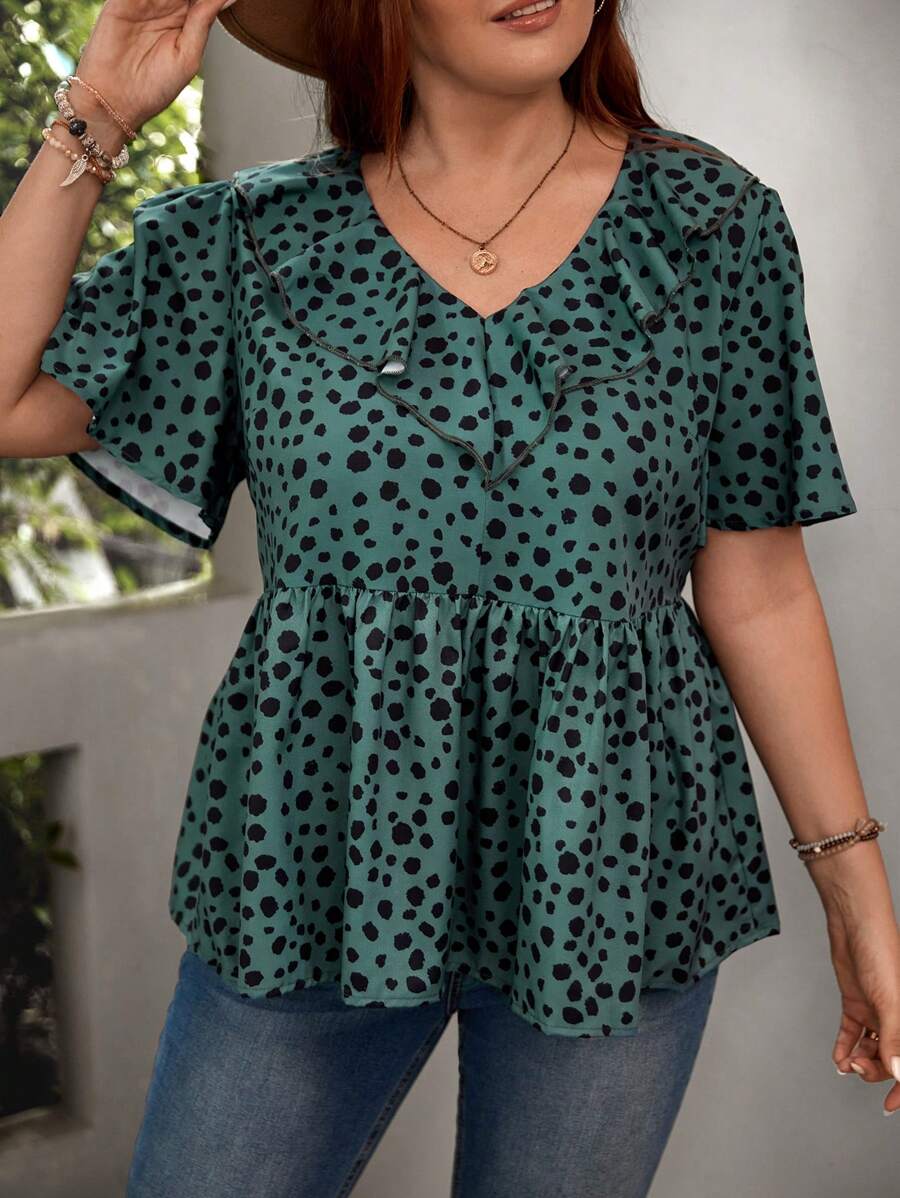 SHEIN LUNE Plus Dalmatian Print Ruffle Trim Blouse - Teal Blue - View 1