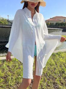 Kimono Nữ Nút phía trước màu trơn - trắng - Xem 4