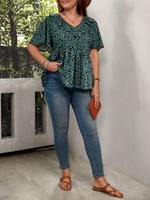 SHEIN LUNE Plus Dalmatian Print Ruffle Trim Blouse - Teal Blue - View 3