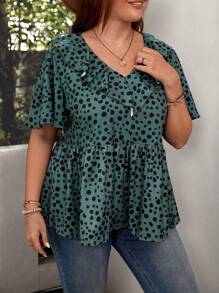 SHEIN LUNE Plus Dalmatian Print Ruffle Trim Blouse - Teal Blue - View 4