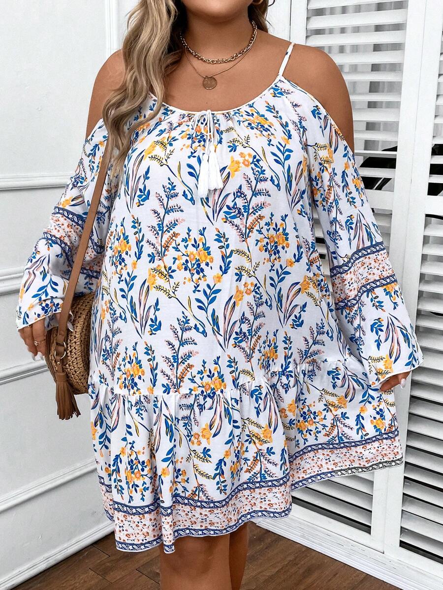 SHEIN Clasi 大碼印花挖肩荷葉邊洋裝 - 彩色 - 查看 1