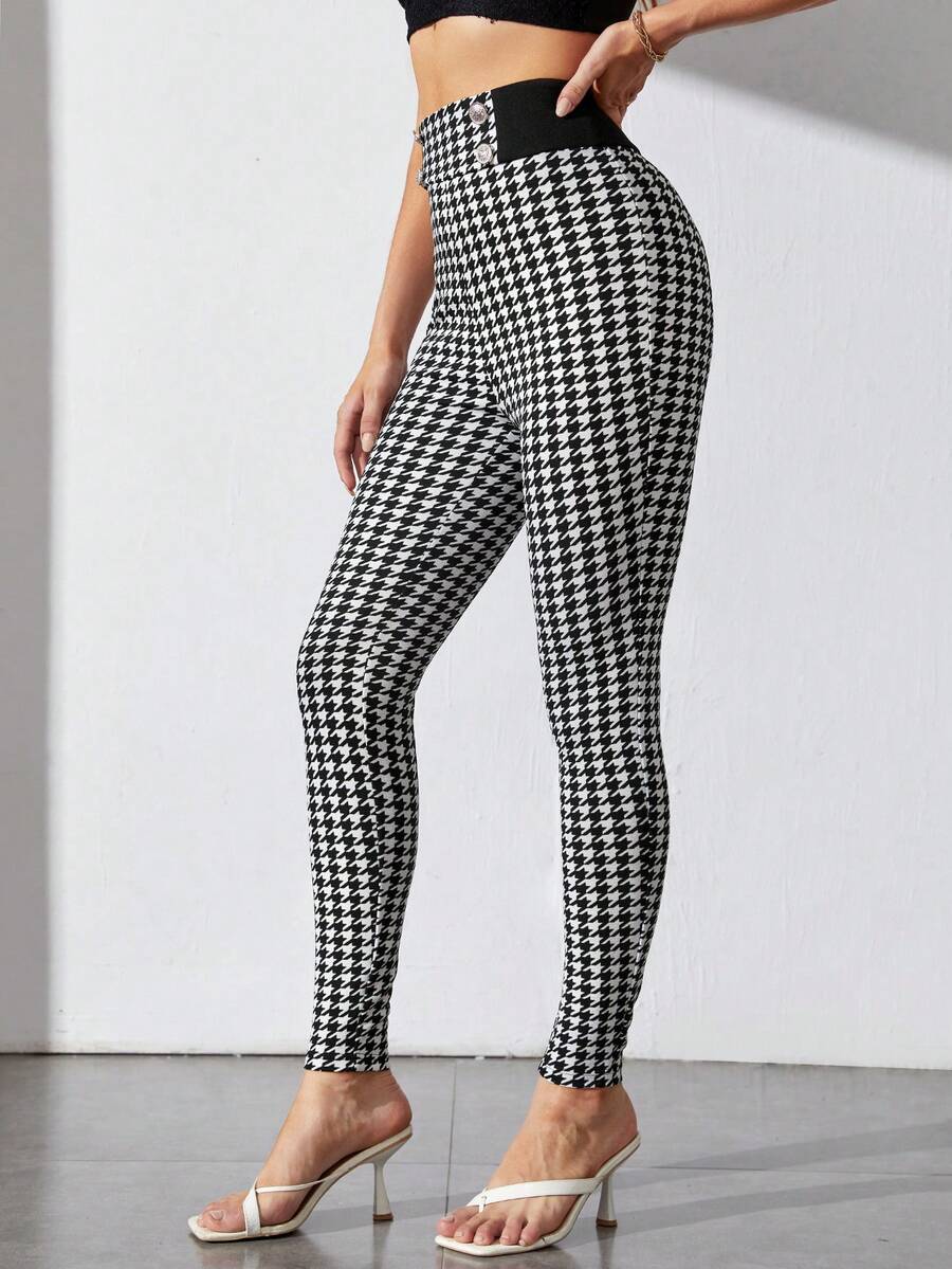 SHEIN Tall Quần nữ Nút phía trước răng cưa Giải trí - Đen và trắng - Xem 1