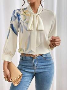 SHEIN Privé 植物圖案繫帶領襯衫 - 白色 - 查看 1
