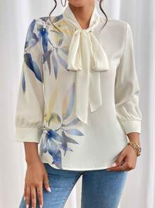 SHEIN Privé 植物圖案繫帶領襯衫 - 白色 - 查看 3