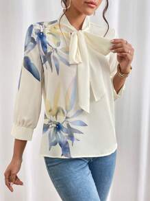 SHEIN Privé 植物圖案繫帶領襯衫 - 白色 - 查看 5