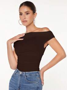 SHEIN BAE 不對稱領口褶皺T恤，外出上衣 - 巧克力棕 - 查看 7