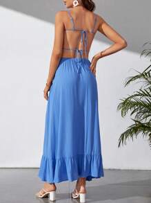 SHEIN Tall Tie Backless Ruffle Hem Cami Dress - Blue - View 2