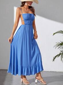 SHEIN Tall Tie Backless Ruffle Hem Cami Dress - Blue - View 6