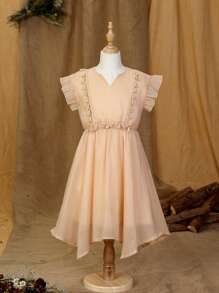 SHEIN Girls 1pc Tassel Trim Ruffle Sleeve Asymmetrical Hem Dress - Apricot - View 2