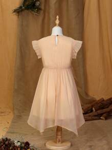 SHEIN Girls 1pc Tassel Trim Ruffle Sleeve Asymmetrical Hem Dress - Apricot - View 3