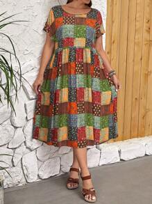 EMERY ROSE Plus Patchwork Print Batwing Sleeve Smock Dress, Summer,Beach Dress Sundress,Holiday Outfits Boho,Flower/Vacation/Spring - Multicolor - View 4