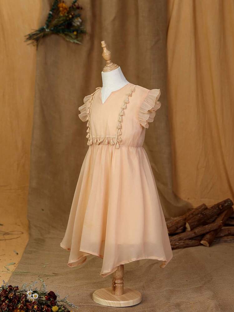 Girls 1pc Tassel Trim Ruffle Sleeve Asymmetrical Hem Dress