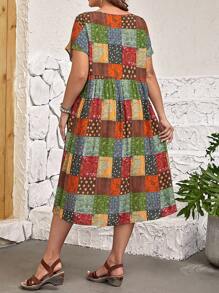 EMERY ROSE Plus Patchwork Print Batwing Sleeve Smock Dress, Summer,Beach Dress Sundress,Holiday Outfits Boho,Flower/Vacation/Spring - Multicolor - View 2