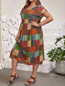 EMERY ROSE Plus Patchwork Print Batwing Sleeve Smock Dress, Summer,Beach Dress Sundress,Holiday Outfits Boho,Flower/Vacation/Spring - Multicolor - View 3