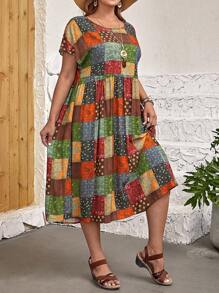 EMERY ROSE Plus Patchwork Print Batwing Sleeve Smock Dress, Summer,Beach Dress Sundress,Holiday Outfits Boho,Flower/Vacation/Spring - Multicolor - View 5