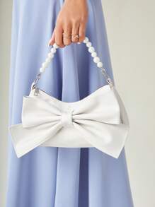 SHEIN Belle Faux Pearl & Bow Decor Túi Hobo Trung bình Pu - trắng - Xem 1