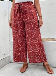 SHEIN VCAY Quần Plus Size Thắt lưng Quần paper-bag Họa tiết hoa Boho - Đỏ - Xem 3