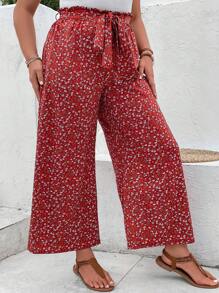 SHEIN VCAY Quần Plus Size Thắt lưng Quần paper-bag Họa tiết hoa Boho - Đỏ - Xem 4