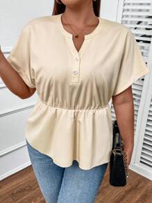 SHEIN Privé Plus Notched Neck Batwing Sleeve Peplum Blouse - Apricot - View 2